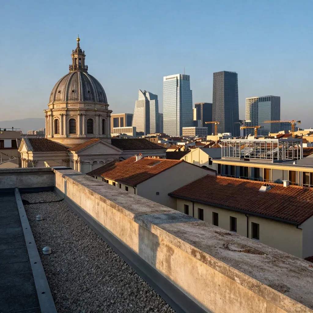 Panorama mattutino di Roma e Milano visti da un tetto, tra cupole, grattacieli e gru.