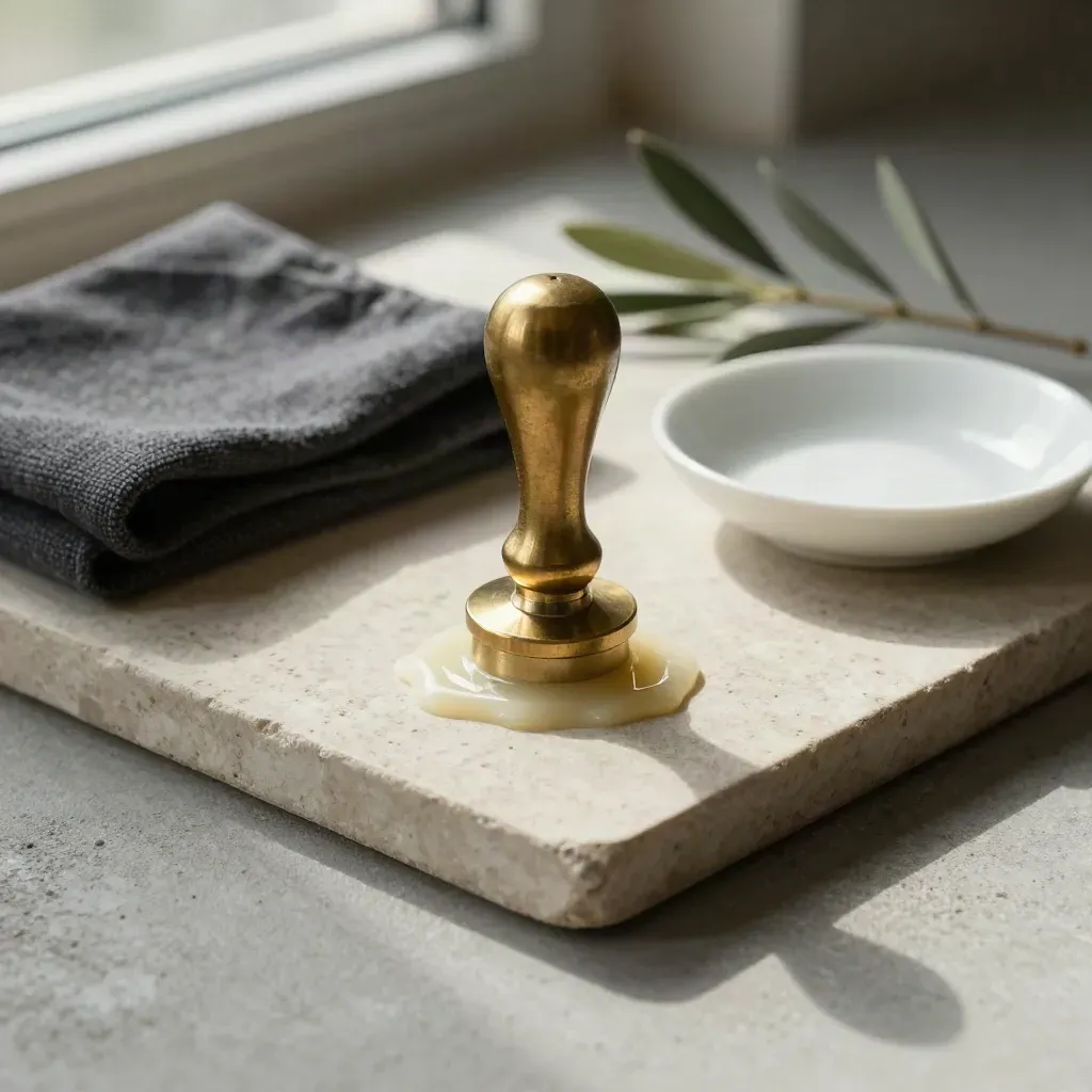 Timbro parlamentare in ottone con cera, panno scuro, piattino bianco e ramoscello d’ulivo