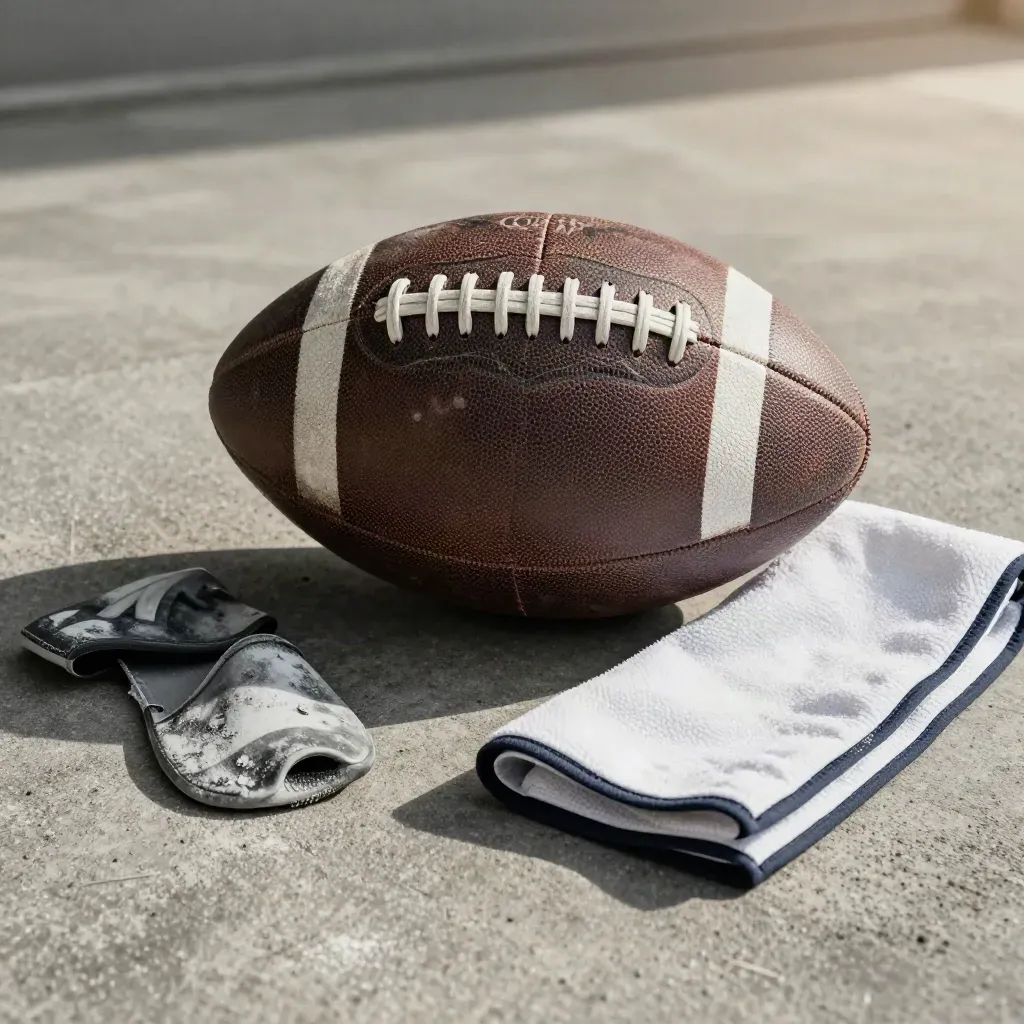 Pallone da calcio consumato con parastinchi, lacci e asciugamano su cemento grigio.