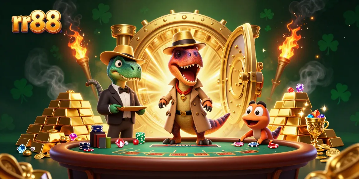 Bet on rr88's thrilling blackjack table with a velociraptor and a stegosaurus in this dynamic casino scene.