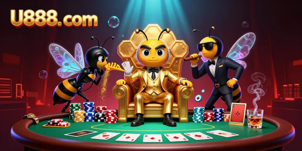 Engage in thrilling gaming at U888. com with a lively 3D casino scene featuring colorful poker elements.