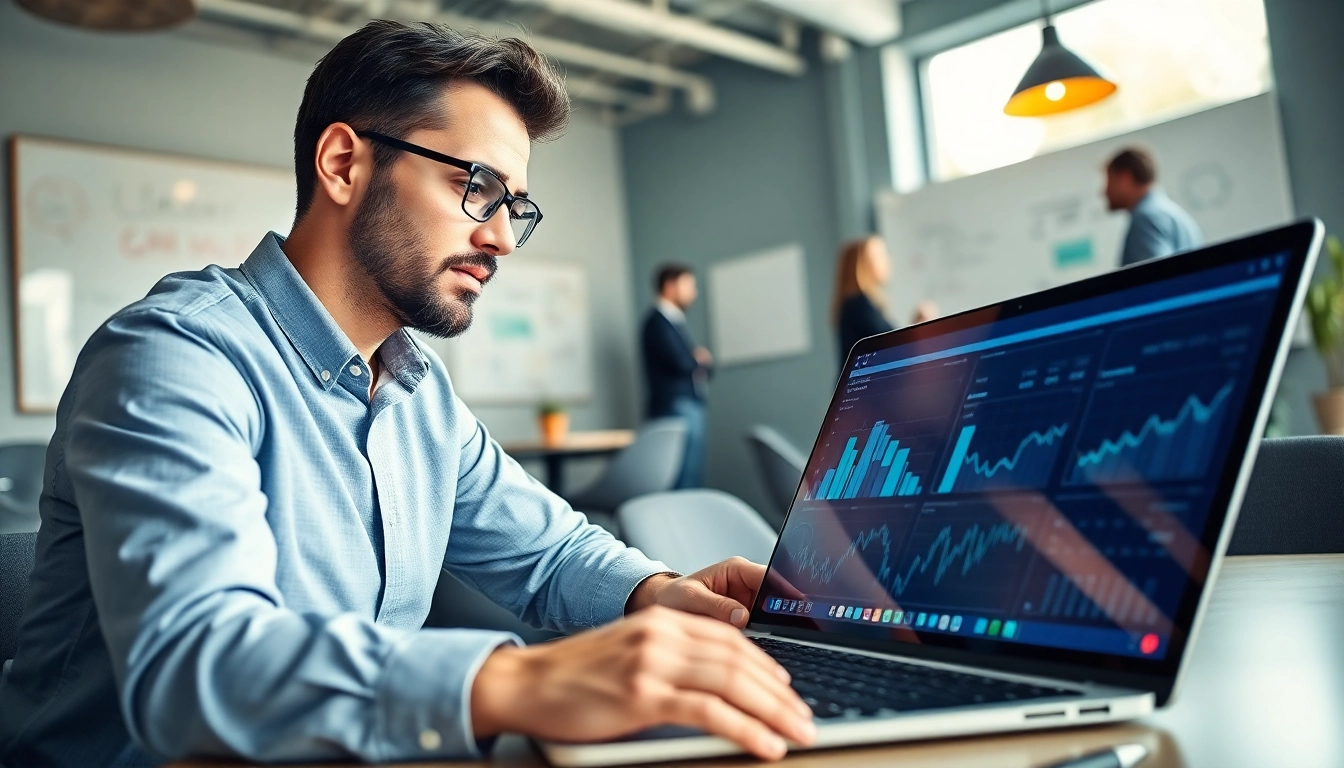 Marketing Consultant analyzing digital marketing strategies while collaborating in a modern office setting.