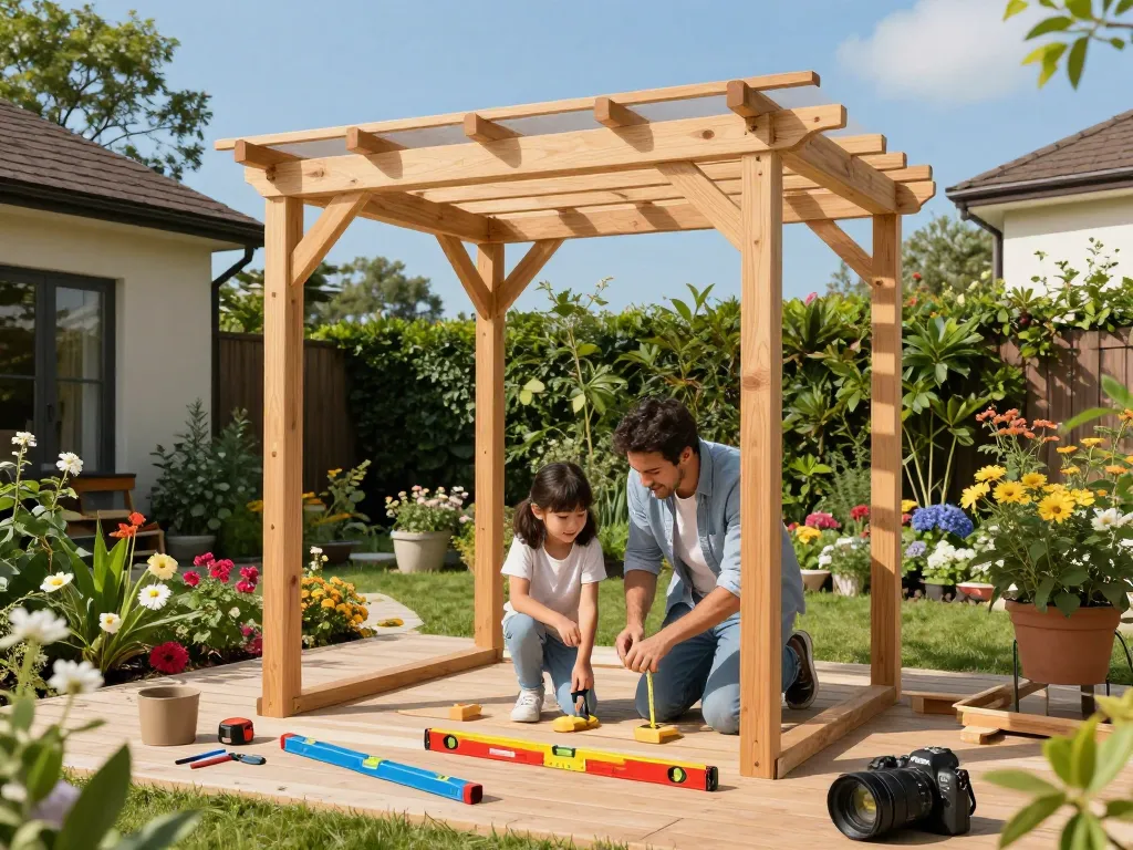 Famiglia che assembla un configuratore pergole 3D in un giardino soleggiato, mostrando creatività e legami all'aperto.
