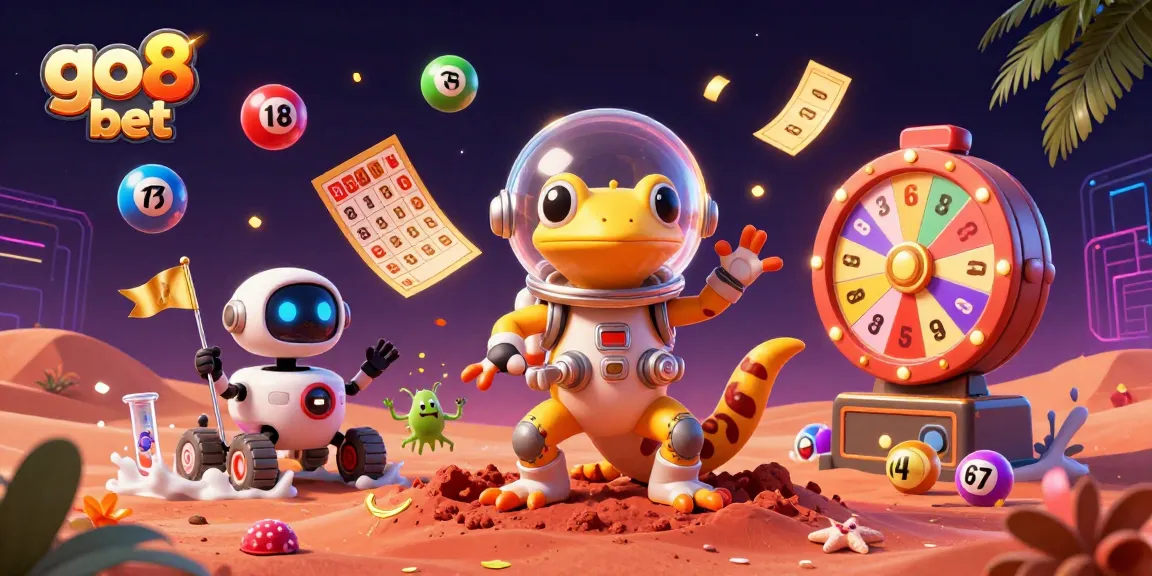 Win big with go8 bet in a vibrant scene of Martian gecko and friends exploring a golden casino.