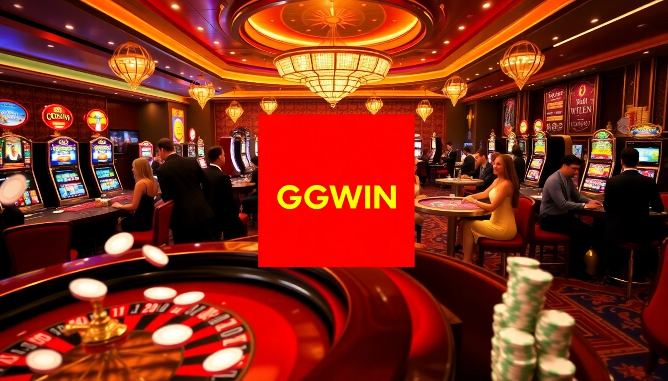 Experience the thrill of gambling with GGWIN at a luxurious casino, showcasing roulette and slot machines.