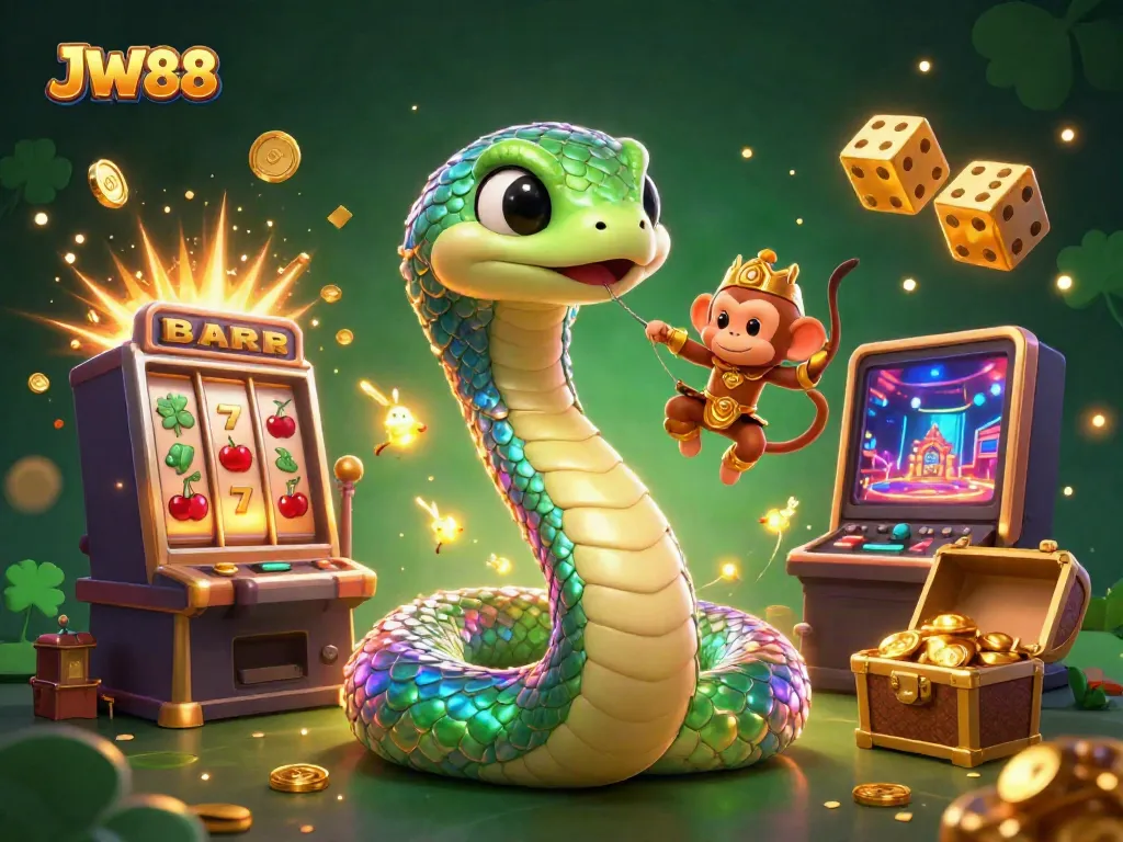 Experience the thrill of JW88 with colorful slot games and dynamic characters in a vibrant casino scene.