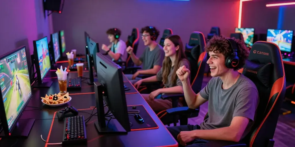 Group enjoying competitive gaming at a rokok88 lounge with vibrant atmosphere.