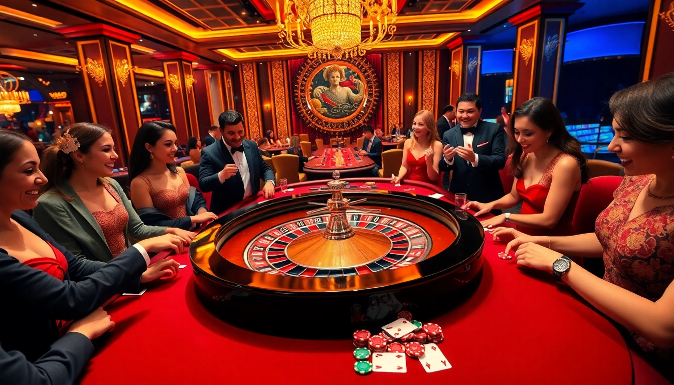 Experience high-stakes betting at 6623 la ✔ with an elegant roulette table surrounded by excited players.