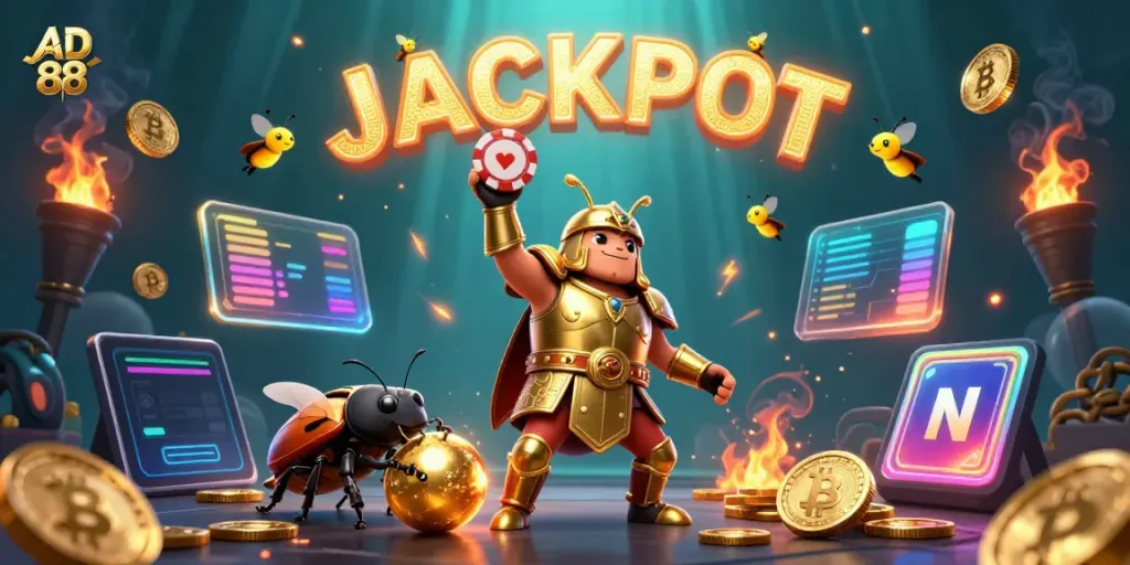 Engage in thrilling gaming moments at AD 88 with a lively scene of beetles celebrating a jackpot.