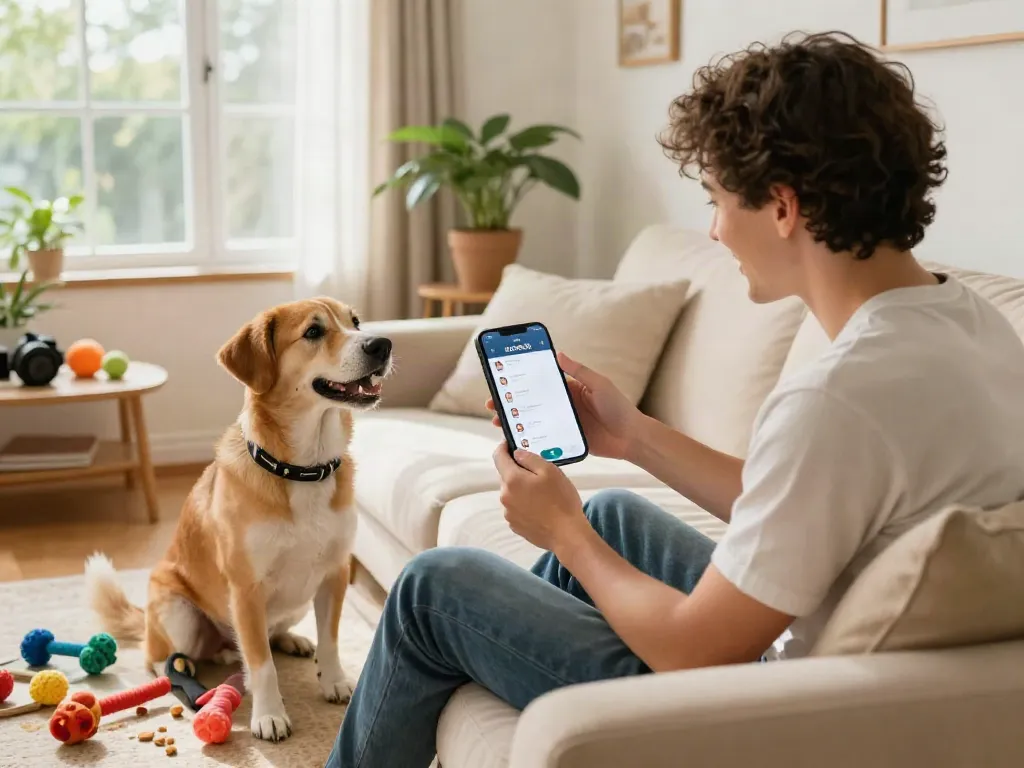 Engaging moment showcasing a pet owner using the ROKOK88 slot app while interacting with their dog in a cozy living room.