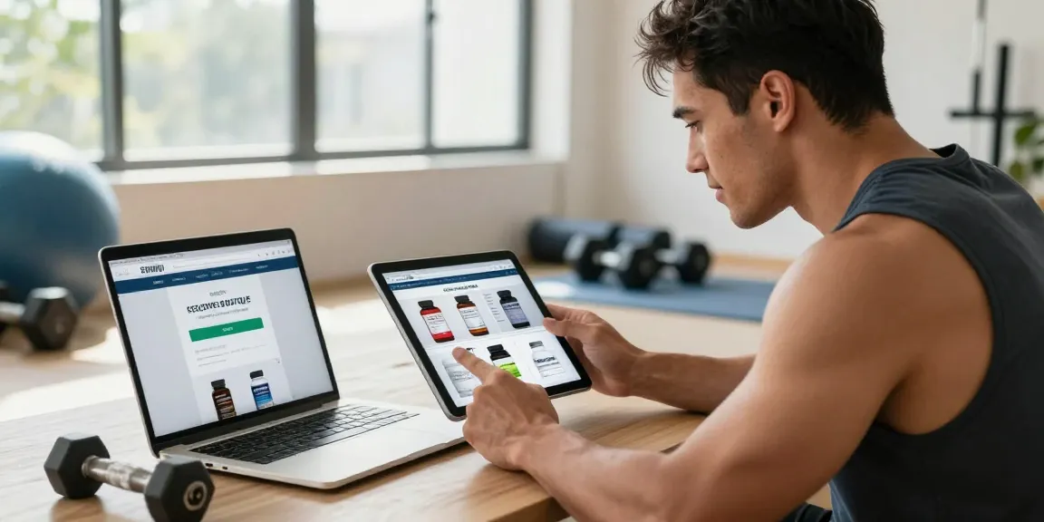 Steroide Boutique online shopping experience with bodybuilder browsing steroids and supplements.