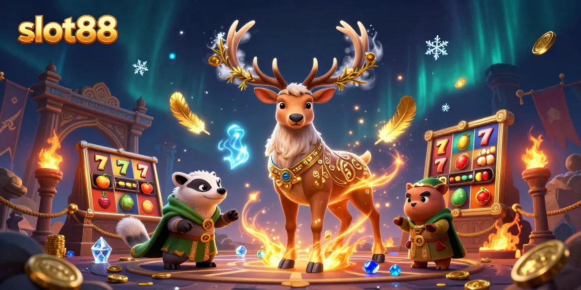 Engage with slot88's magical world featuring a druid stag and vibrant casino elements in a thrilling scene.