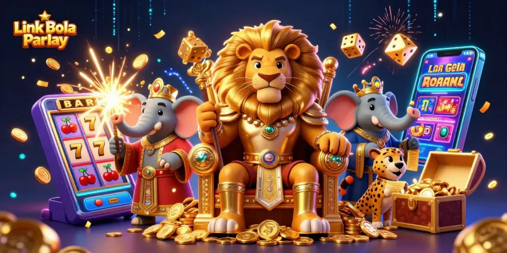 Experience thrill with Link Bola Parlay as the lion king and his advisors celebrate jackpot wins in a vibrant 3D casino.