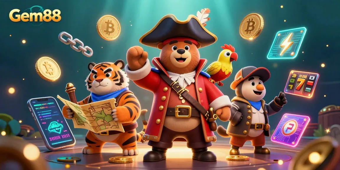 Experience Gem88's vibrant gaming adventure with an illustration showcasing slot reels and crypto coins.