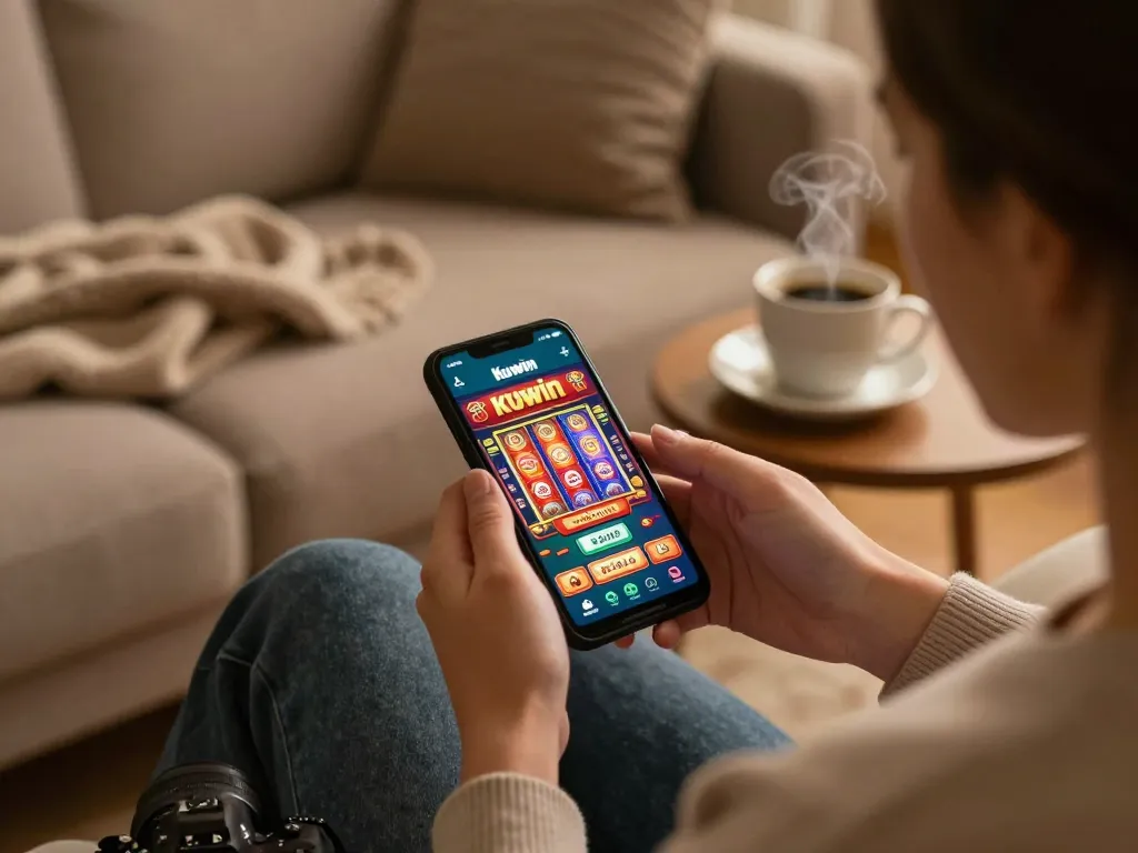 Kuwin app gameplay on smartphone in cozy home setting, depicting engaging online casino experience.
