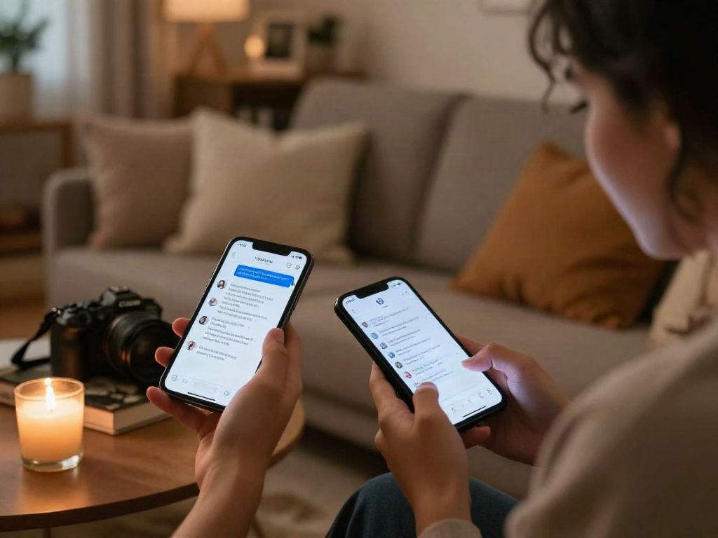 Couple engaging in flirtatious texting using sexting AI in a cozy living room.