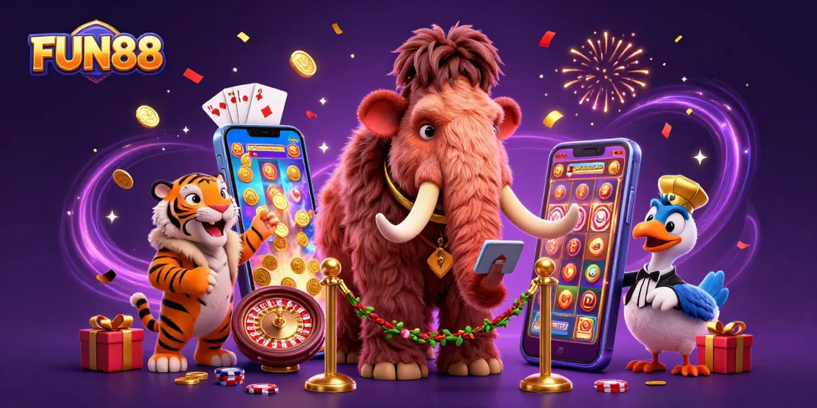 Experience exhilarating fun at FUN88 with a vibrant casino scene featuring engaging characters and dynamic gaming elements.