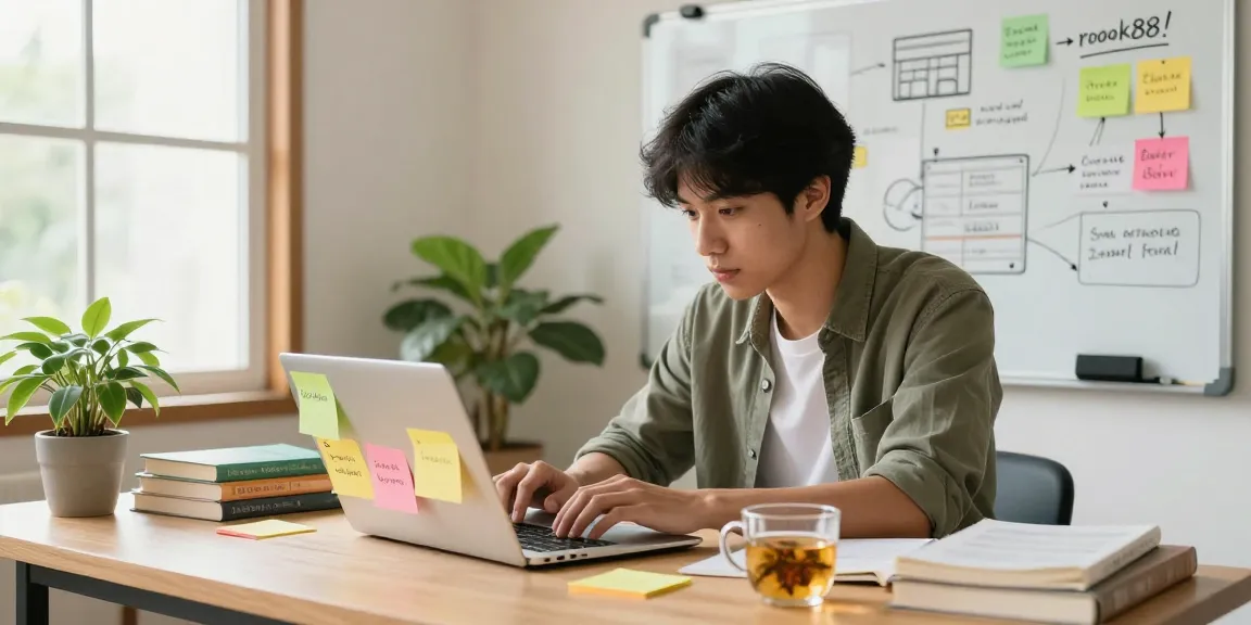Content creator writing about rokok88 in a cozy home office, showcasing a creative workspace