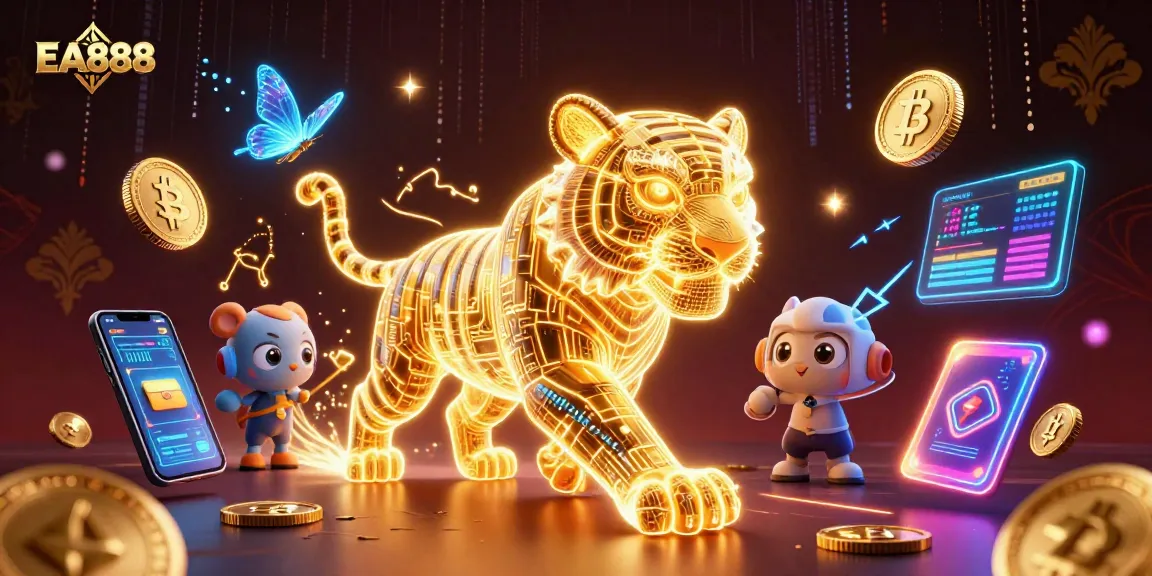 Experience EA888 with a golden tiger in a vibrant digital casino, showcasing cryptocurrency excitement amidst casino-themed elements.