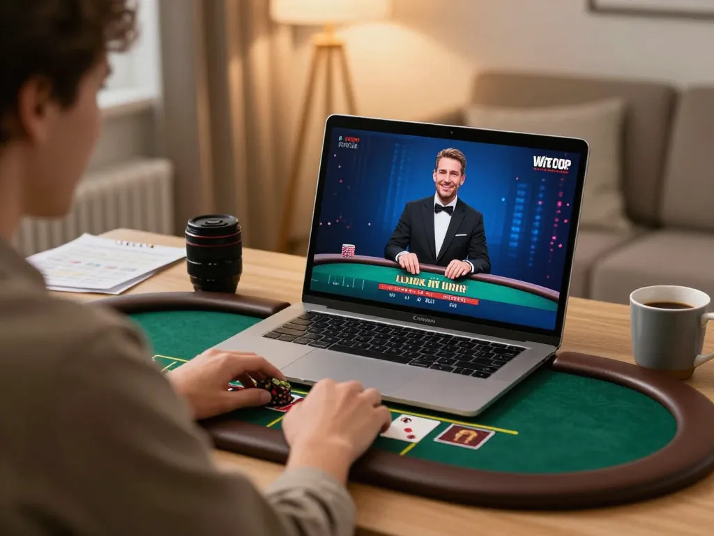 Engaging okfun user enjoying a live dealer blackjack game on laptop in a cozy home setting