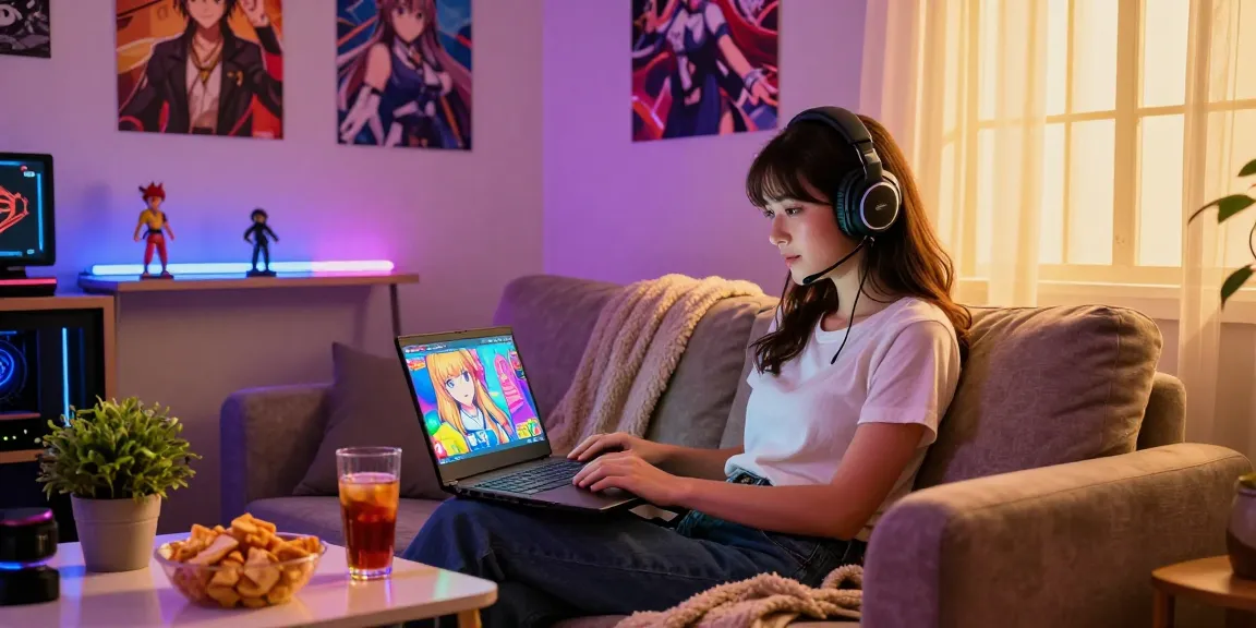 Young woman playing a colorful hentai game on her laptop in a cozy room.
