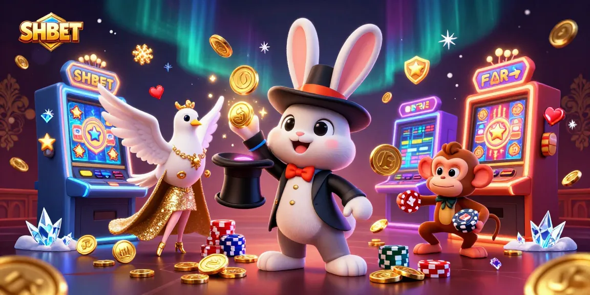 SHBET enhances fun with a magician rabbit, dove, and monkey in a vibrant casino setting.