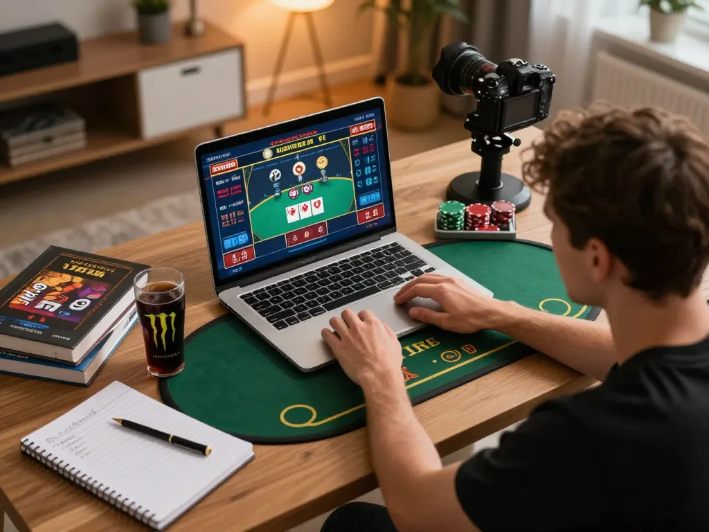 98win player strategizing for poker match during online gaming session at home.