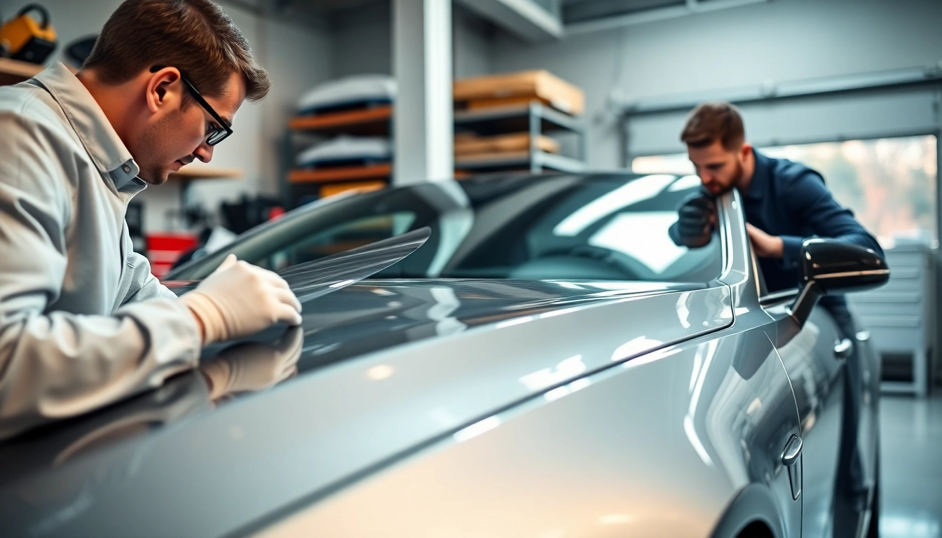 Applying paint protection film near me to a luxury car with professional precision.