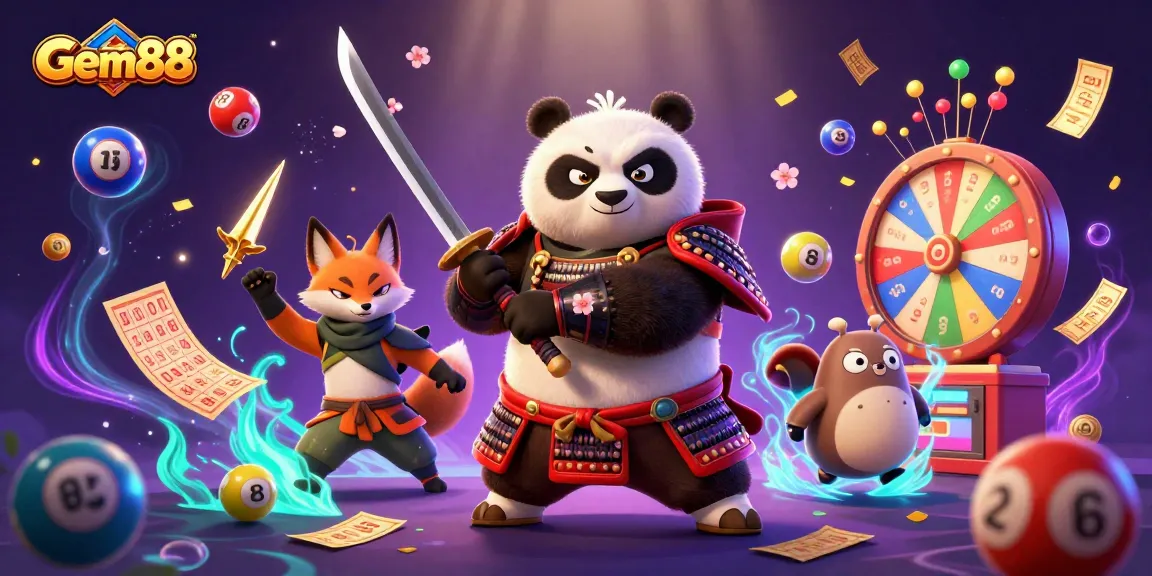 Experience thrilling gameplay with Gem88's vibrant lottery and casino elements while enjoying a magical scene.