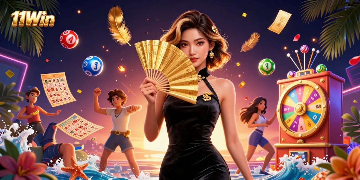 Experience the thrill of 11Win with a captivating illustration featuring lively lottery elements and a mysterious character.