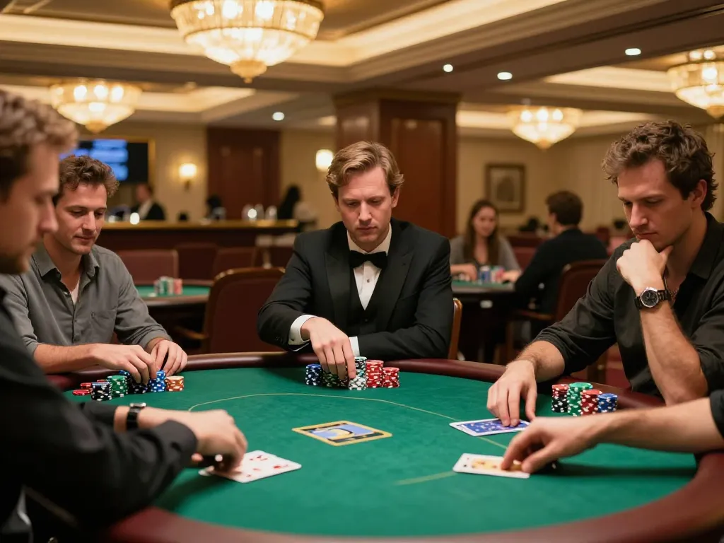 Players engage in high-stakes poker at a luxurious casino table, creating a thrilling sunwingo experience.