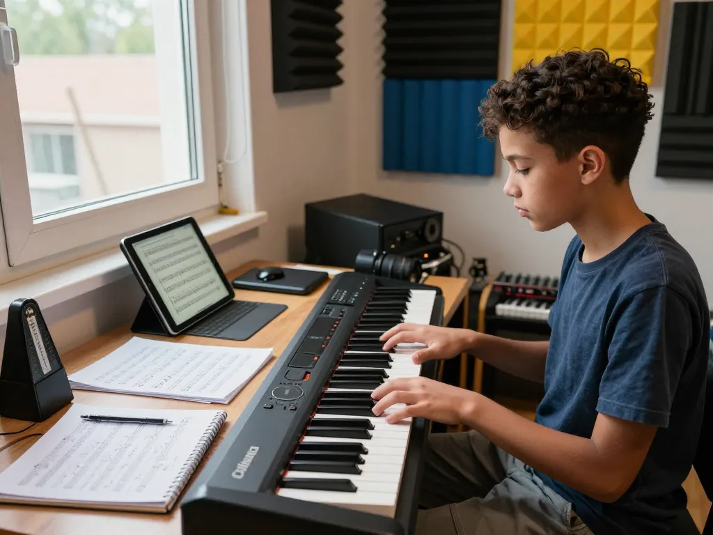 Youth practicing on Roland GO 88 keyboard in a bright home studio.
