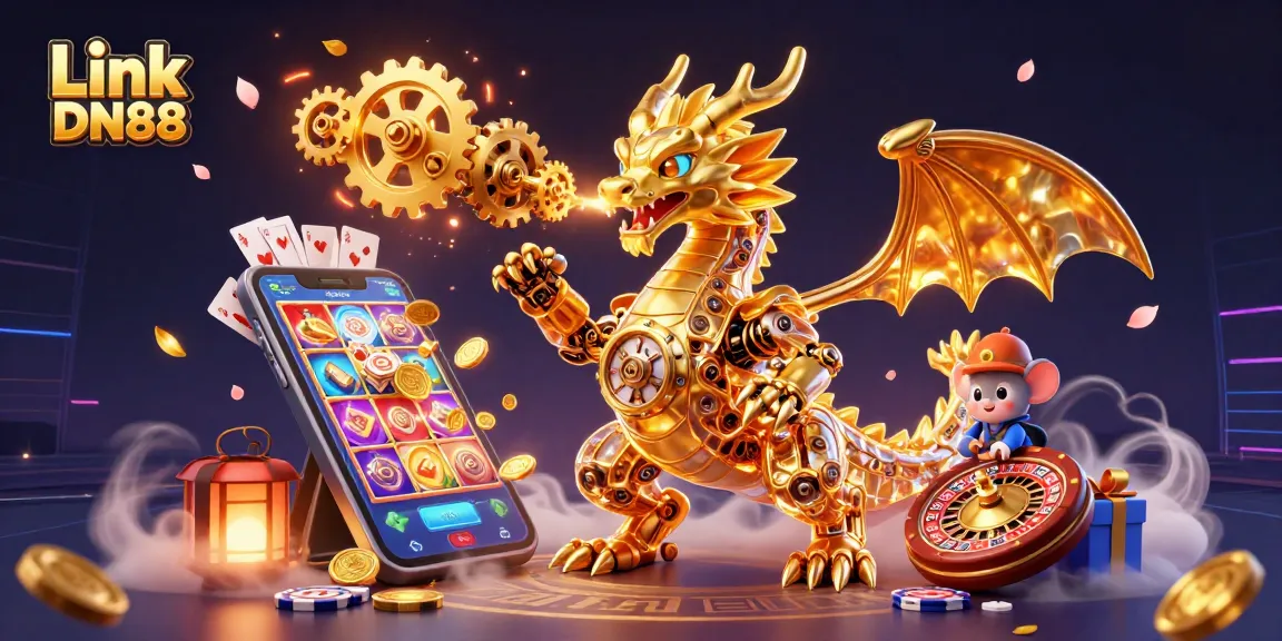 Experience thrilling gaming with Link DN88, featuring a golden dragon, vibrant slot games, and exciting casino elements.