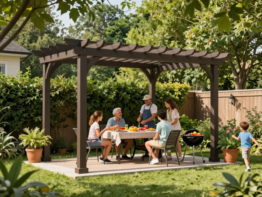 3D pergola in a vibrant backyard with family enjoying a barbecue