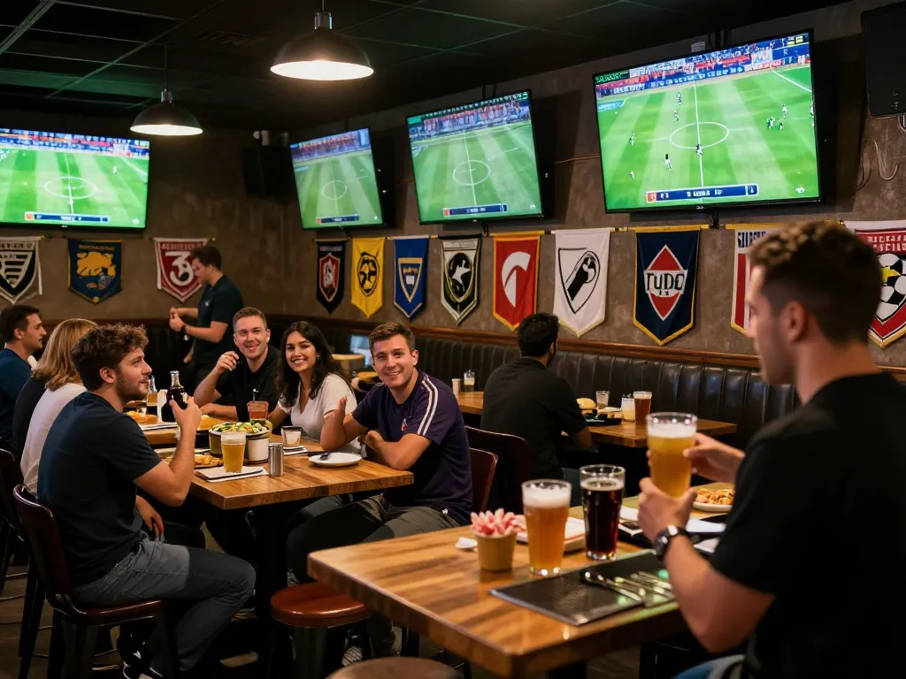 Engaging in kèo bóng đá trực tuyến while enjoying a lively sports bar atmosphere filled with fans and live matches.