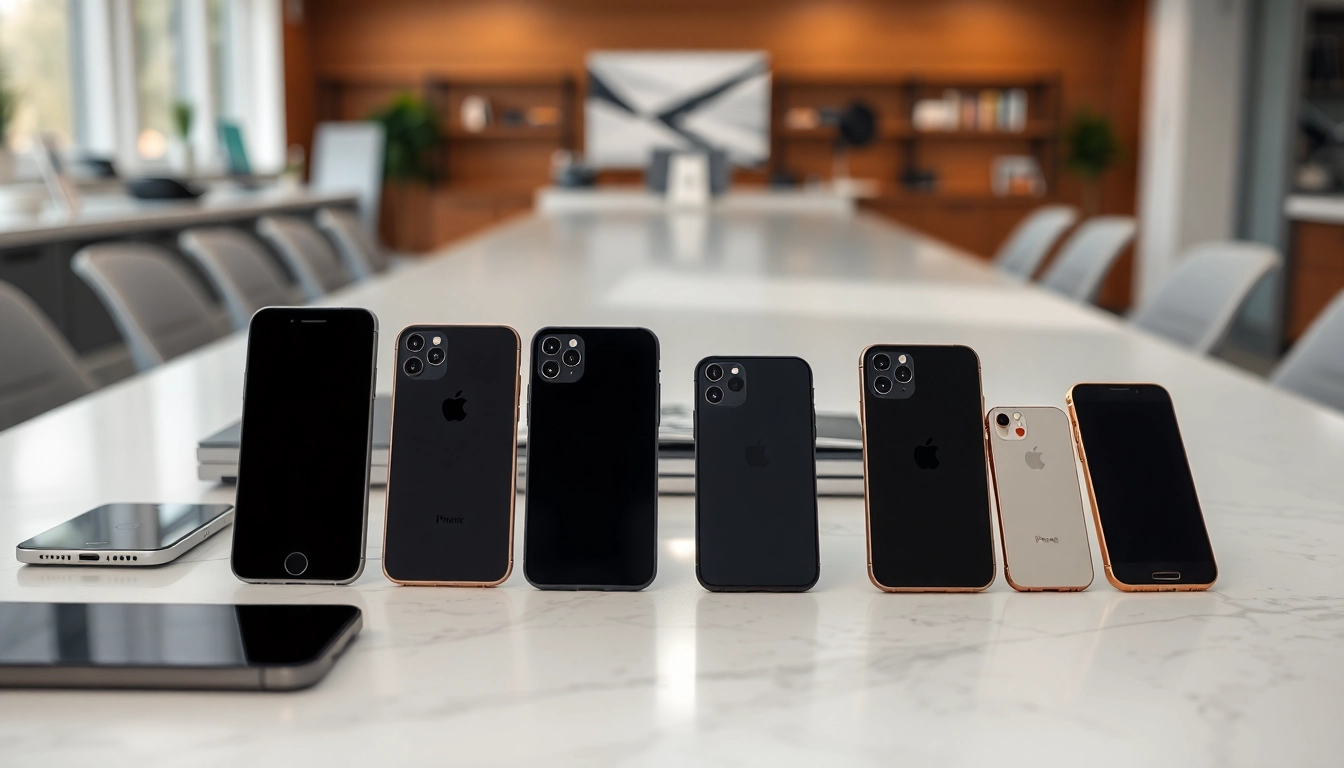 Comparar modelos iPhone sobre una mesa moderna con varios dispositivos destacados.
