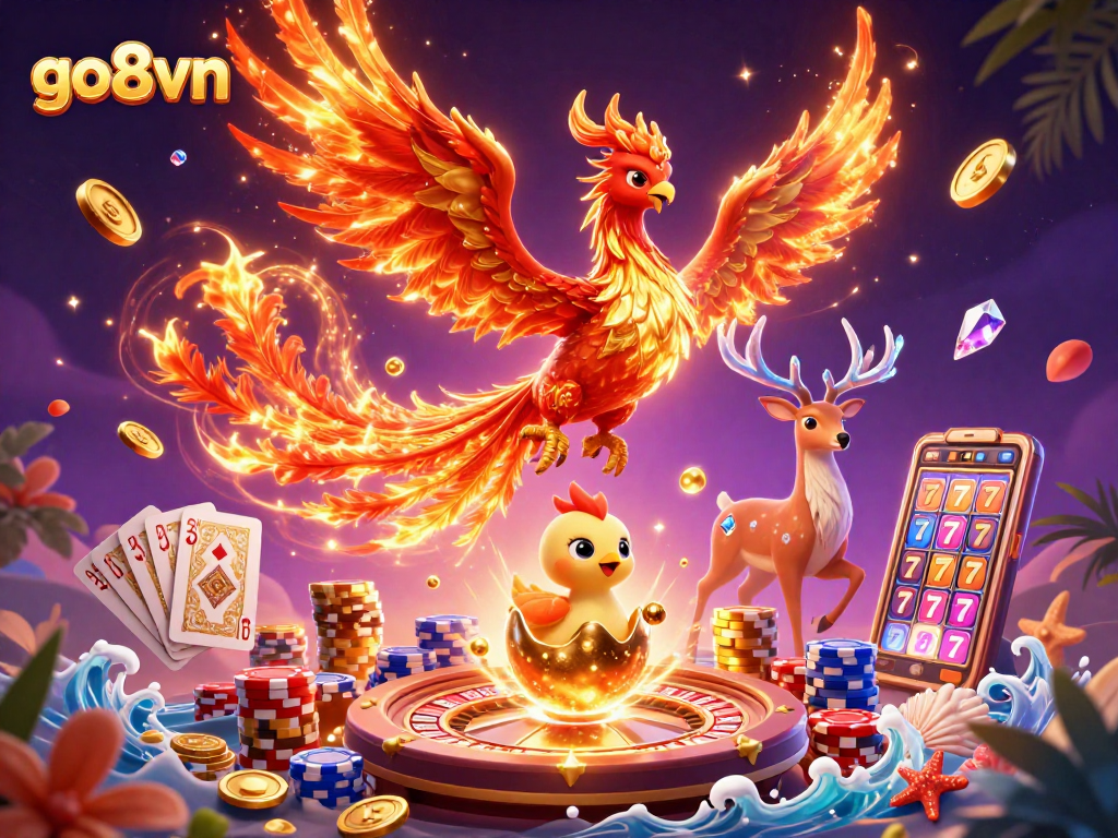 Experience top-tier gaming at go8vn with dazzling phoenix and vibrant casino elements.