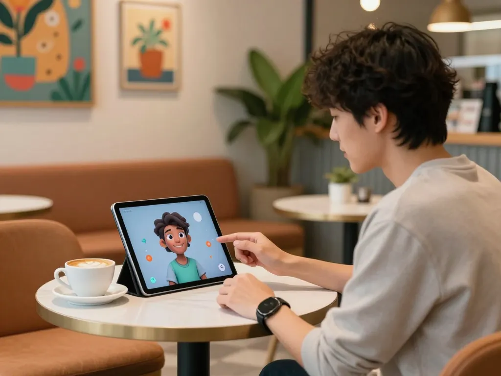 User engaged in a crush on AI character interaction at a cozy café.