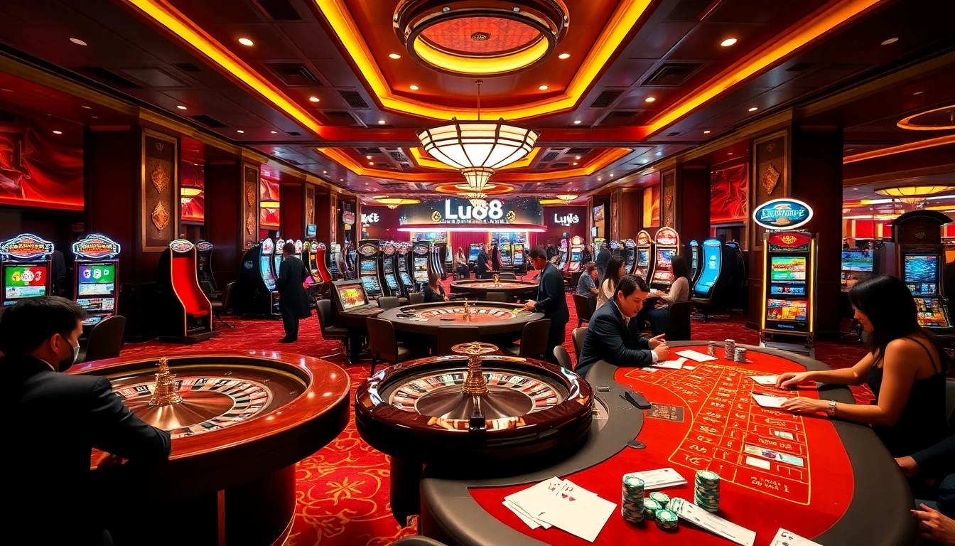 Experience the thrill of lu88 at an engaging casino with vibrant tables and excited players.