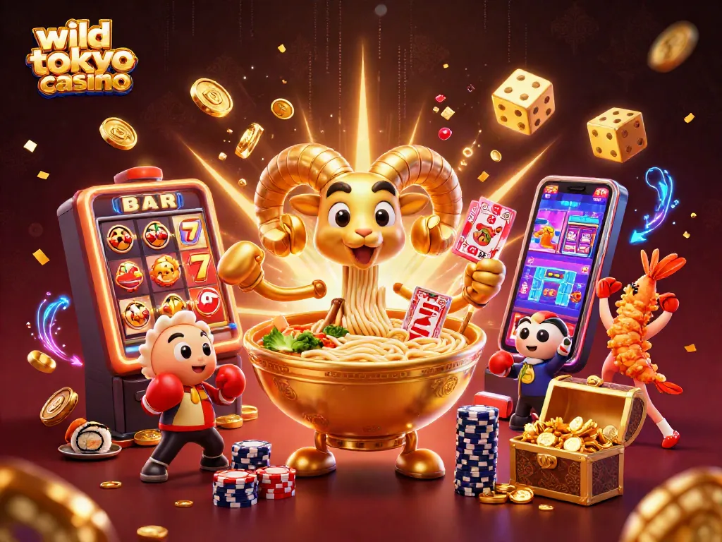 Experience the excitement of wild tokyo casino with vibrant characters, slot machines, and colorful gaming elements.