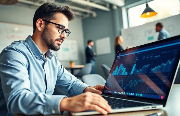 Marketing Consultant analyzing digital marketing strategies while collaborating in a modern office setting.