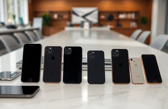 Comparar modelos iPhone sobre una mesa moderna con varios dispositivos destacados.
