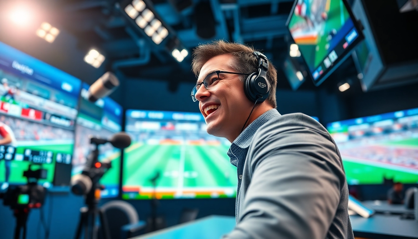Engaging sports broadcasting scene illustrating an energetic commentator and high-tech equipment.