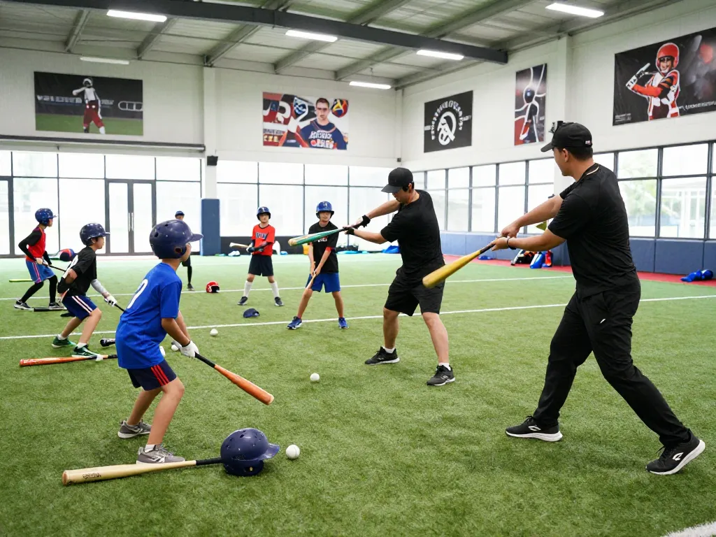 Young athletes training at hitclub baseball facility, focusing on technique and teamwork.
