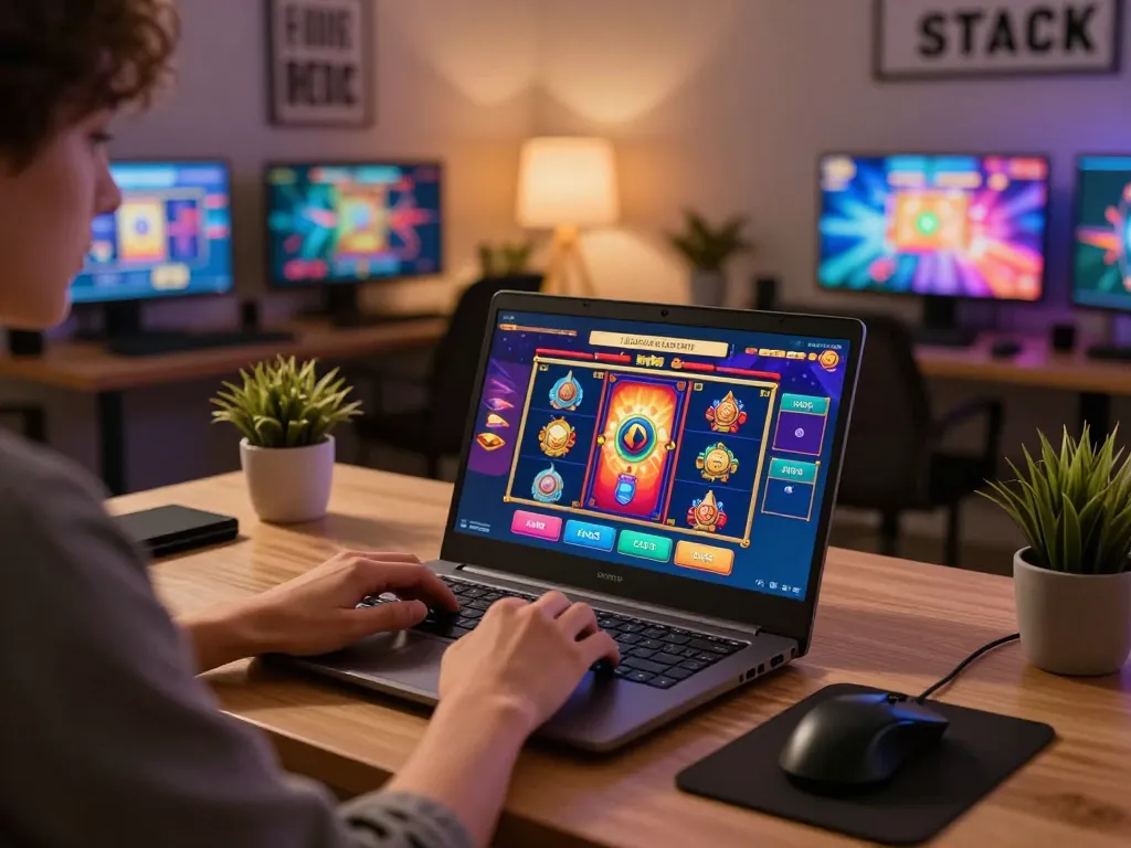 Experience online gaming excitement at https://da88.navy/ with colorful slots interface and cozy home office