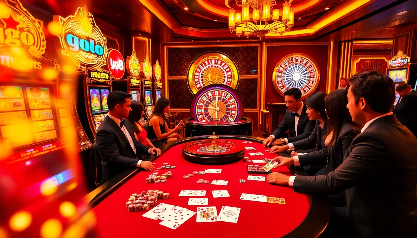 Thrilling casino action showcasing players at a poker table, featuring go8-themed decor and vibrant slot machines.