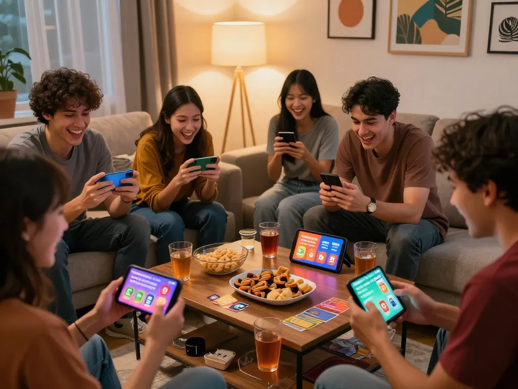 Friends enjoying tải sun win mobile game together in a cozy living room setting.