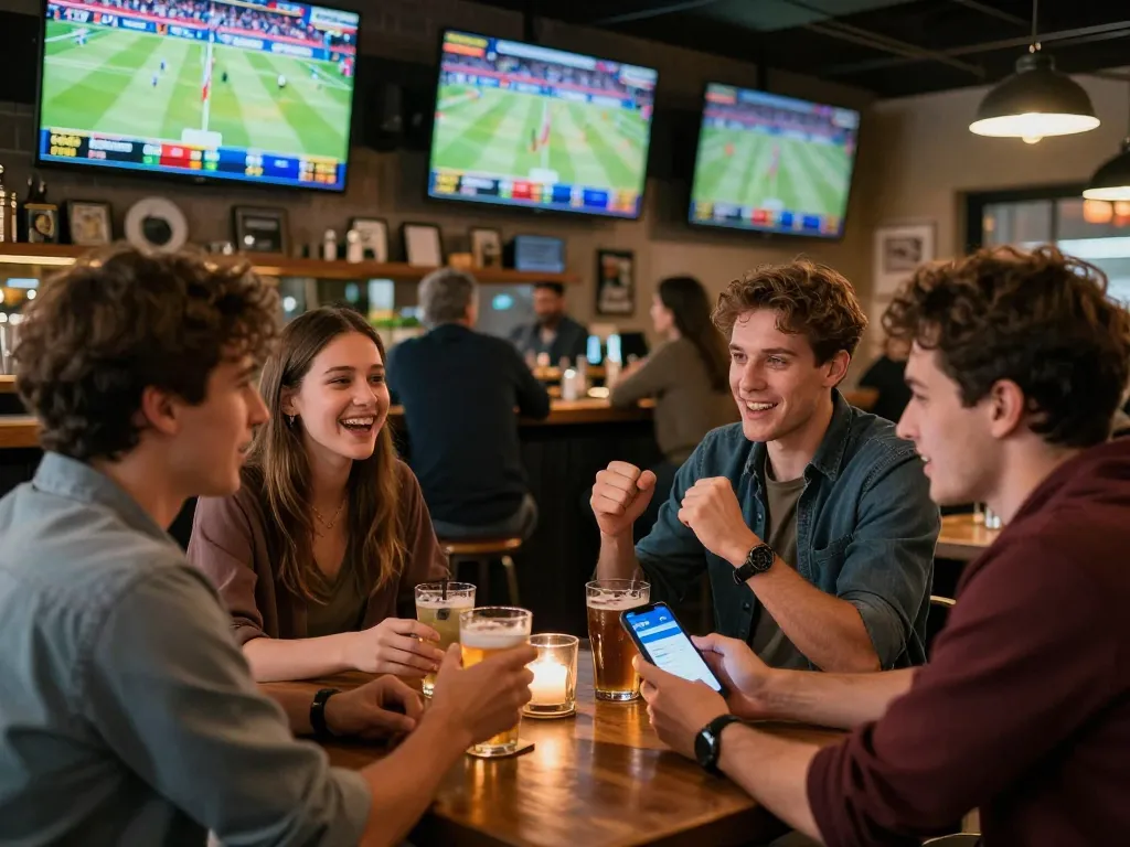 Group of friends using NET88 app for sports betting in a lively bar atmosphere.