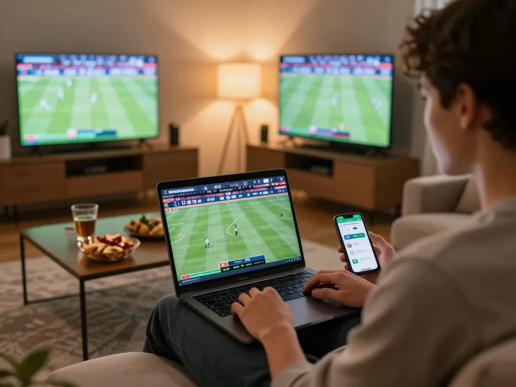 Engaged user placing bets on net88 using a laptop and mobile app in a stylish home setting.