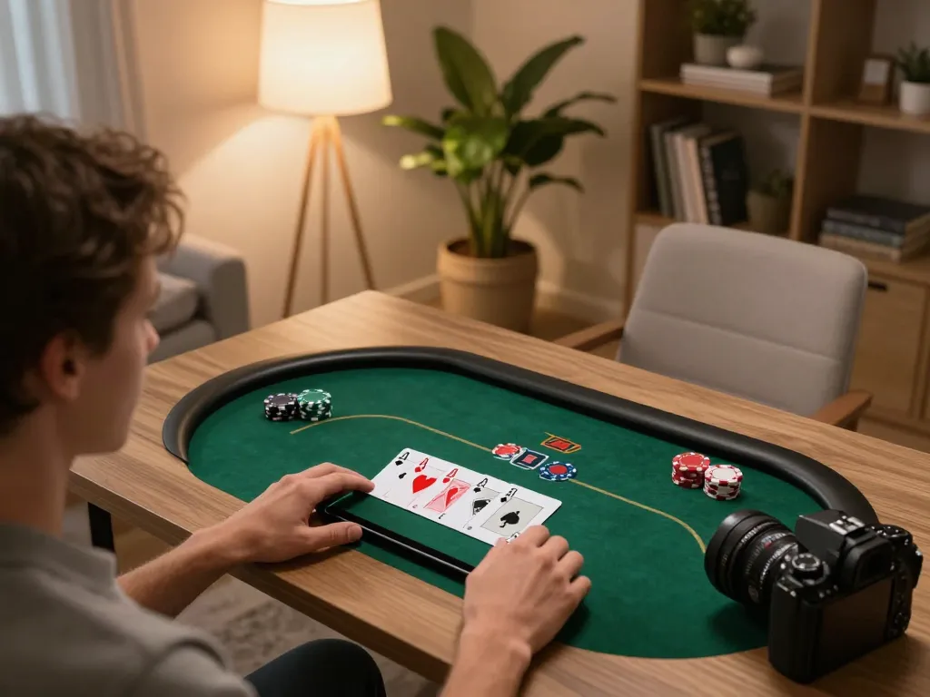 Person playing online poker on a tablet, showcasing F168's engaging gaming interface in a cozy setting.